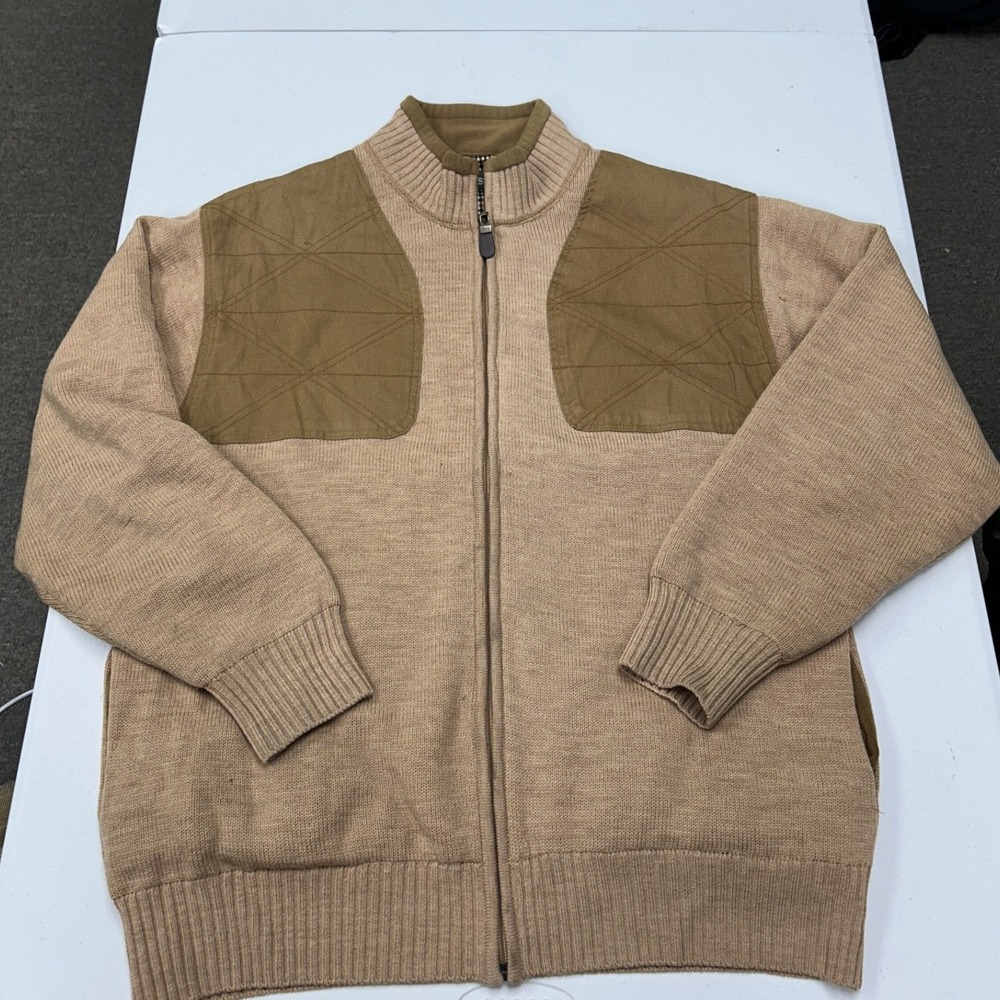 Orvis Shooting Sweater Mens Large Tan Full Zip Quilted Shoulder Plaid Lined